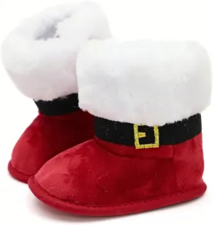 Cute Xmas Style Comfortable Boots For Baby Boys And Girls, Soft Warm Plus Fleece Boots For Indoor Walking, For Holiday & Party Dressing, Winter