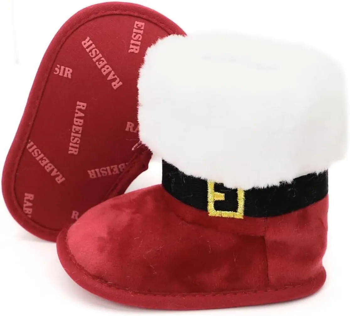 Cute Xmas Style Comfortable Boots For Baby Boys And Girls, Soft Warm Plus Fleece Boots For Indoor Walking, For Holiday & Party Dressing, Winter