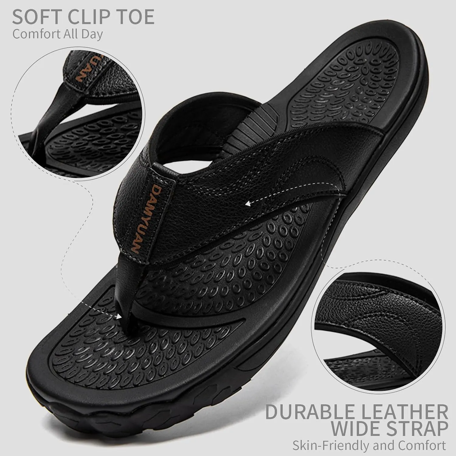 Damyuan Mens Flip Flops Leather Thong Sandals Indoor and Outdoor Beach Slippers Shower Shoes with Arch Support