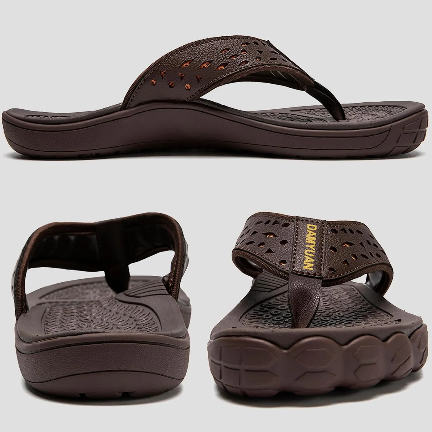 Damyuan Mens Flip Flops Leather Thong Sandals Indoor and Outdoor Beach Slippers Shower Shoes with Arch Support