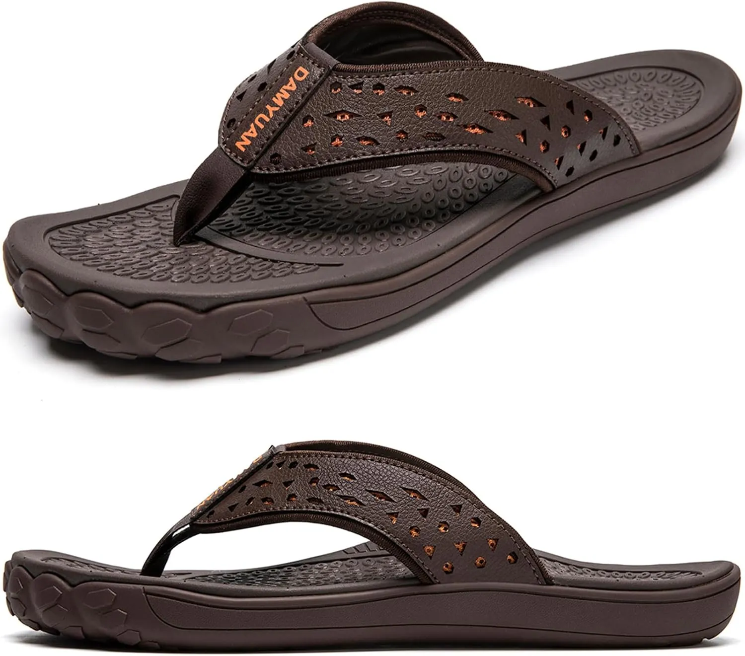 Damyuan Mens Flip Flops Leather Thong Sandals Indoor and Outdoor Beach Slippers Shower Shoes with Arch Support