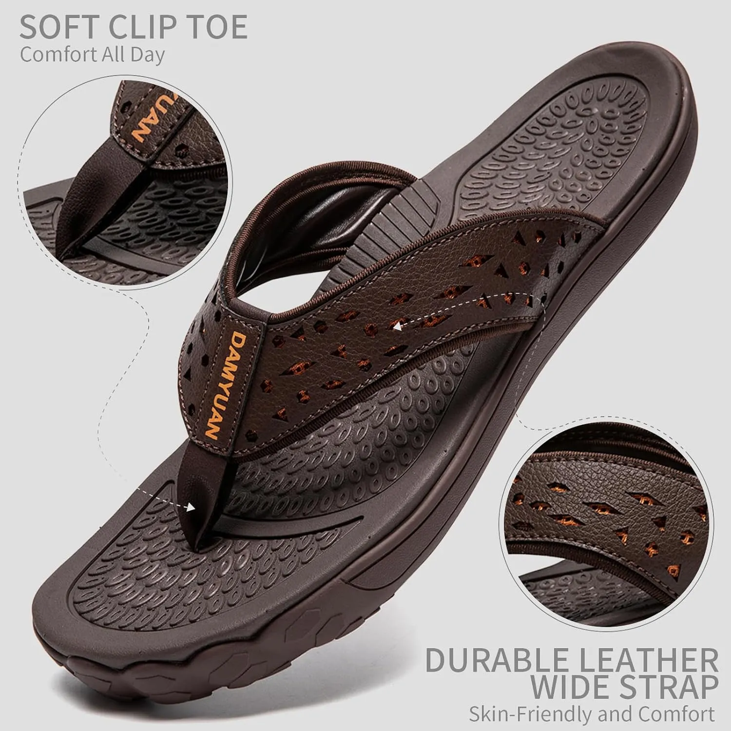 Damyuan Mens Flip Flops Leather Thong Sandals Indoor and Outdoor Beach Slippers Shower Shoes with Arch Support
