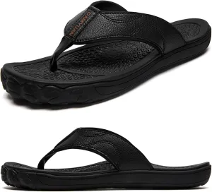 Damyuan Mens Flip Flops Leather Thong Sandals Indoor and Outdoor Beach Slippers Shower Shoes with Arch Support