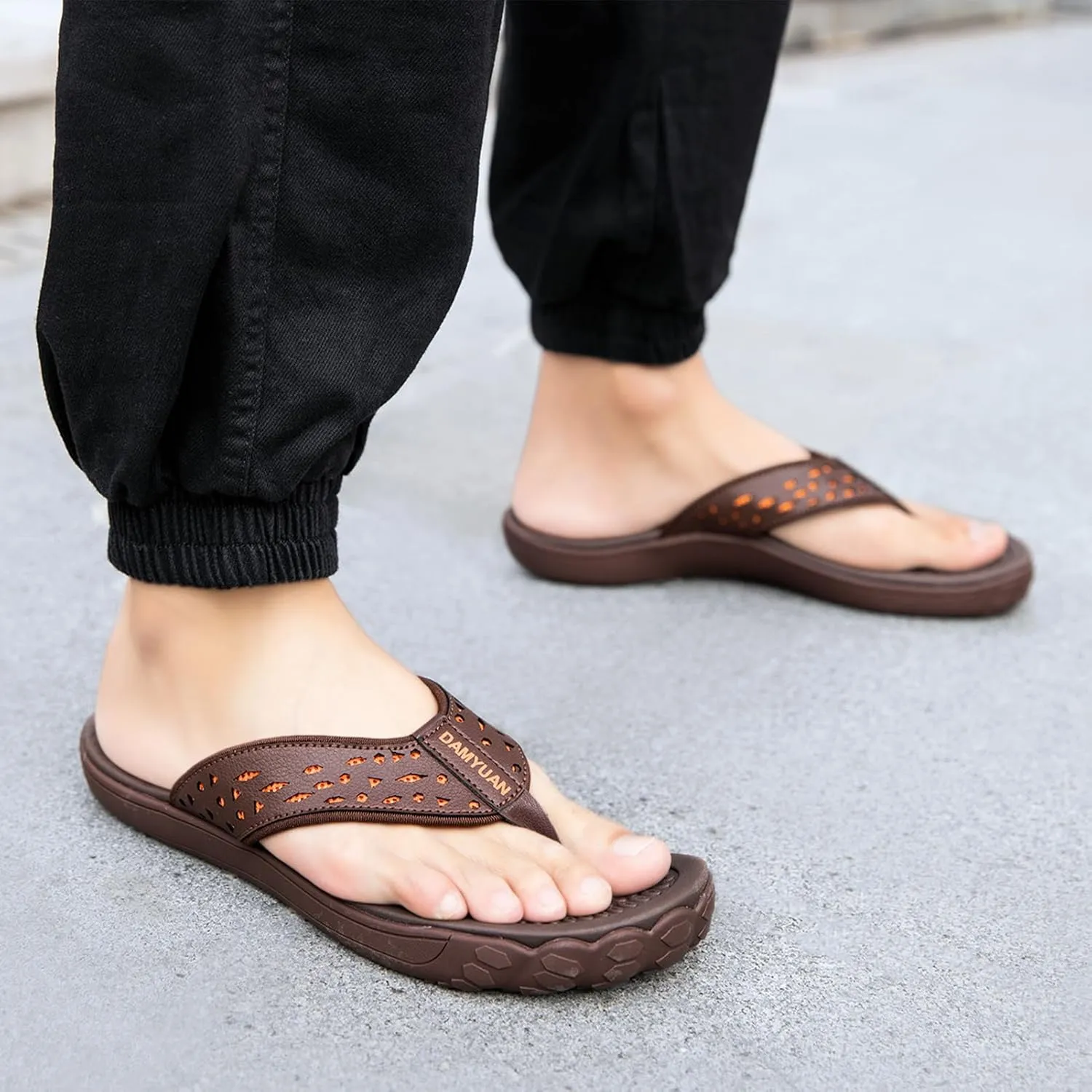 Damyuan Mens Flip Flops Leather Thong Sandals Indoor and Outdoor Beach Slippers Shower Shoes with Arch Support