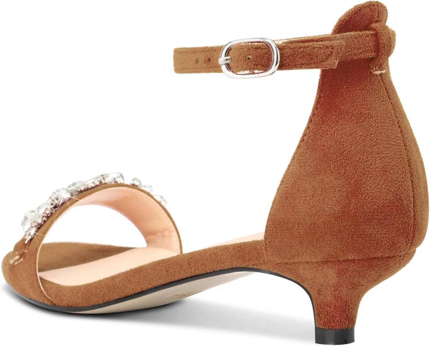 DearOnly Womens Low Kitten Heel Peep Open Toe Ankle Strap Sandals Rhinestone Crystal Buckle Office Summer Dress 1.4 Inches Heels