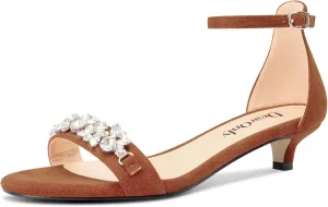 DearOnly Womens Low Kitten Heel Peep Open Toe Ankle Strap Sandals Rhinestone Crystal Buckle Office Summer Dress 1.4 Inches Heels