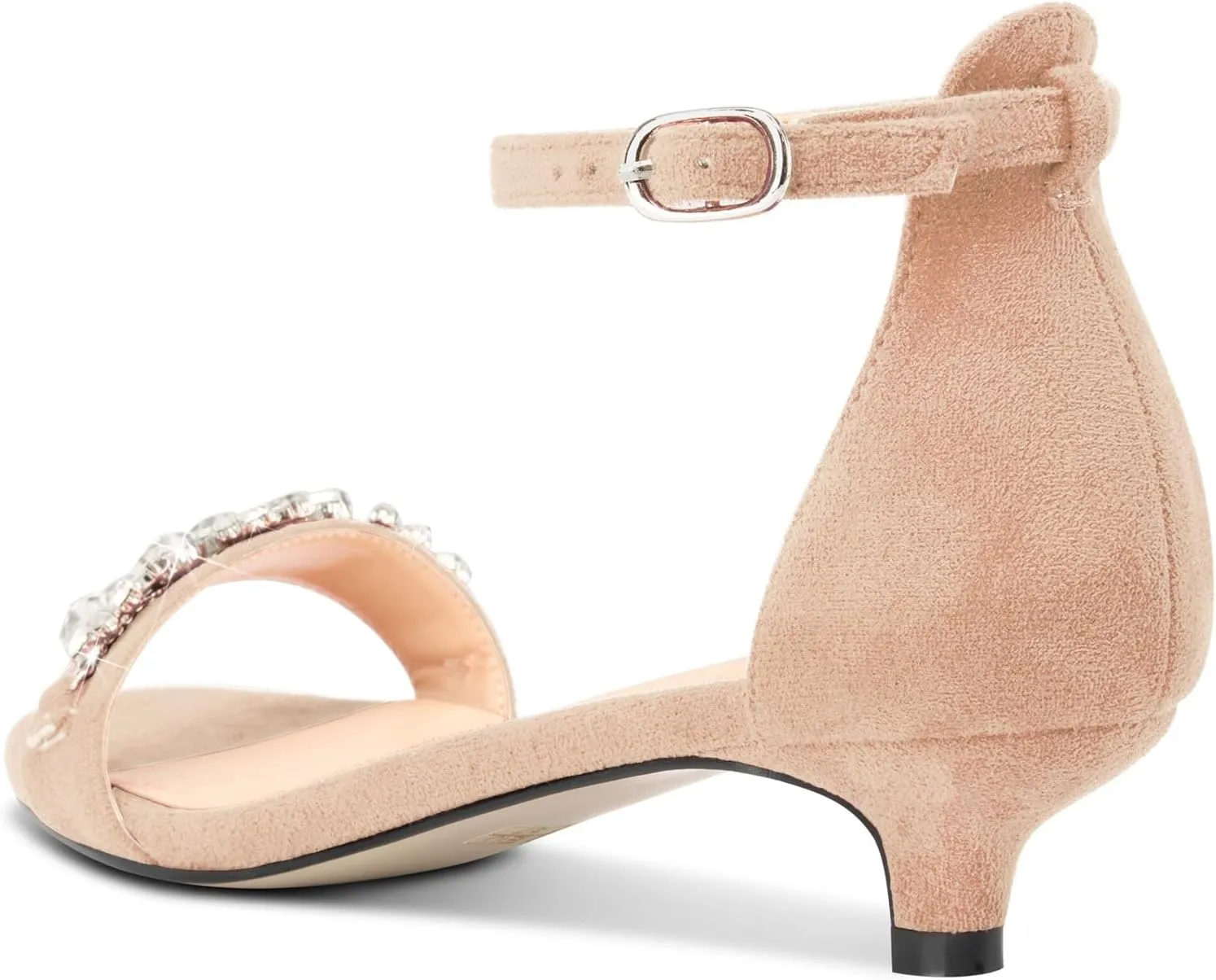 DearOnly Womens Low Kitten Heel Peep Open Toe Ankle Strap Sandals Rhinestone Crystal Buckle Office Summer Dress 1.4 Inches Heels