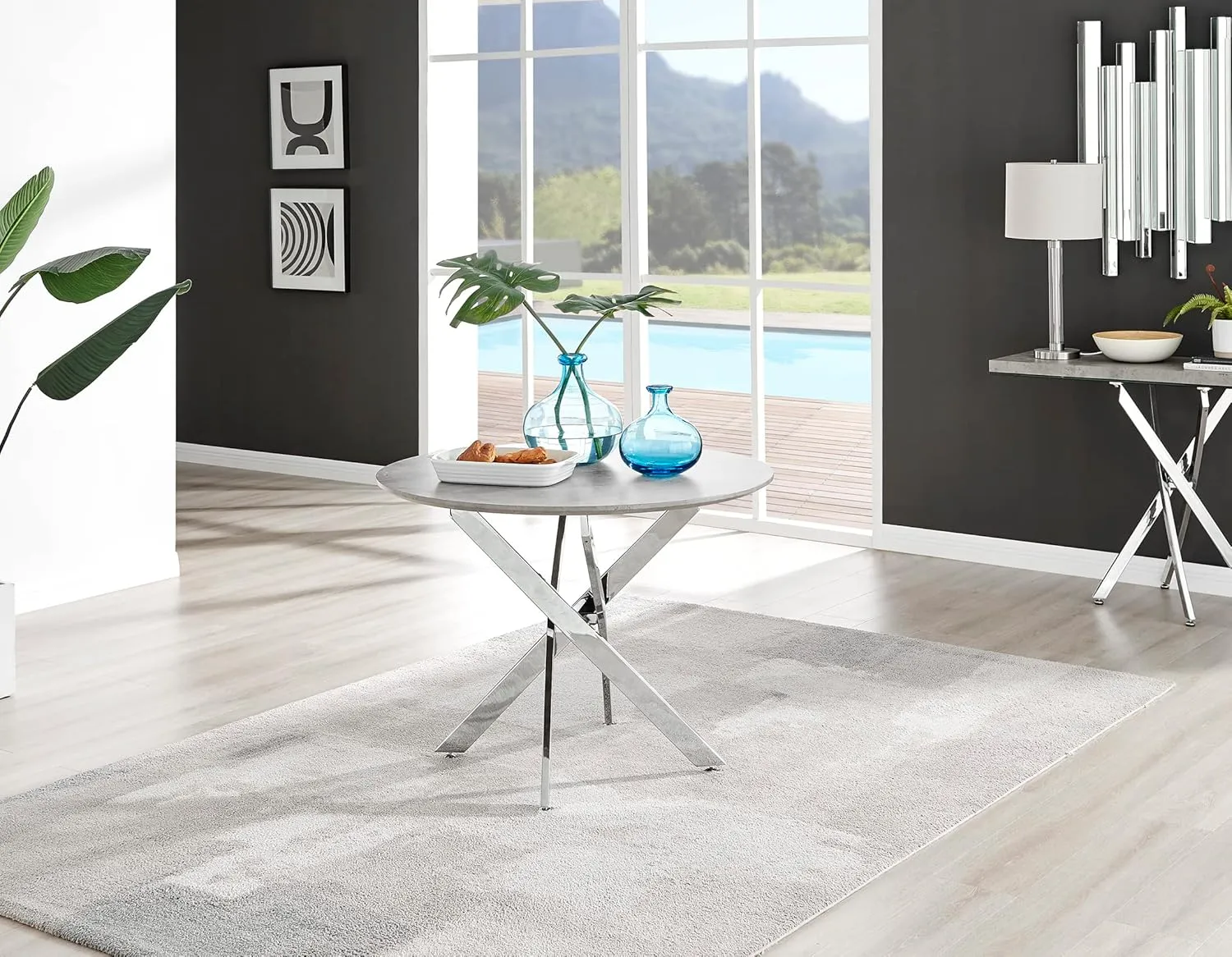 Dining Table - Novara 40" Round Industrial Grey Concrete Effect Table with Silver Chrome Nested Starburst Legs - 2-4 Seater - Modern Compact Small Round for Kitchen Dining Room