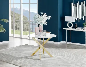 Dining Table - Novara 40" Round White High Gloss Surface with Gold Chrome Nested Starburst Legs - 2 or 4 Seater - Compact Small Round Dinner Table - Modern Family Dining