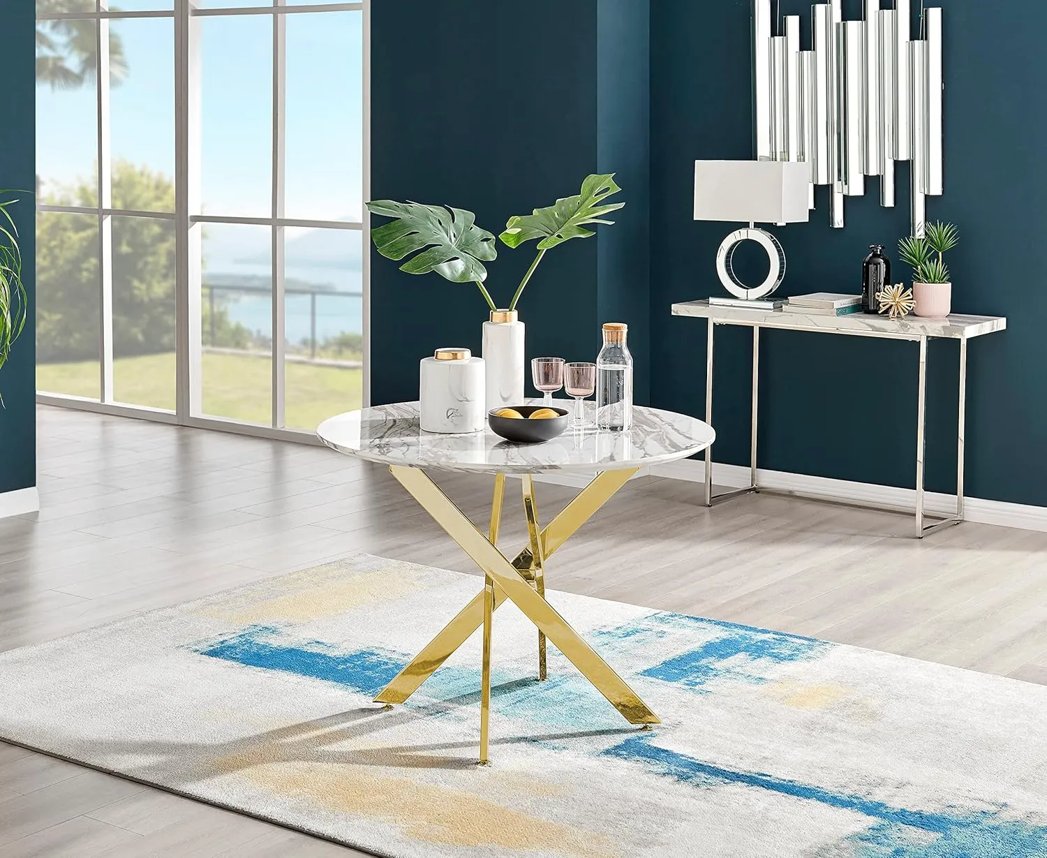 Dining Table - Novara 40" Round White Marble Effect Surface with Gold Chrome Nested Starburst Legs - 2 or 4 Seater - Compact Small Round Dinner Table - Modern Family Dining