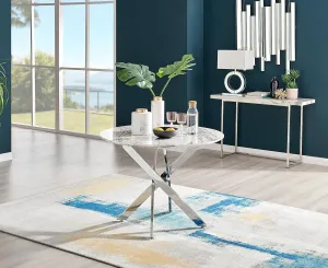 Dining Table - Novara 40" Round White Marble Effect Surface with Silver Chrome Nested Starburst Legs - 2 or 4 Seater - Compact Small Round Dinner Table - Modern Family Dining