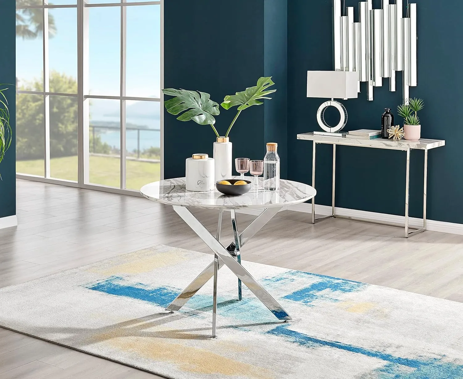 Dining Table - Novara 40" Round White Marble Effect Surface with Silver Chrome Nested Starburst Legs - 2 or 4 Seater - Compact Small Round Dinner Table - Modern Family Dining