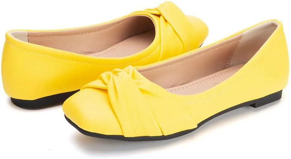 DINTAHA Womens Ballet Flat with Bow,Womens Square Toe Flats,Casual Slip On Work Flat Ballerina Shoes