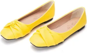 DINTAHA Womens Ballet Flat with Bow,Womens Square Toe Flats,Casual Slip On Work Flat Ballerina Shoes