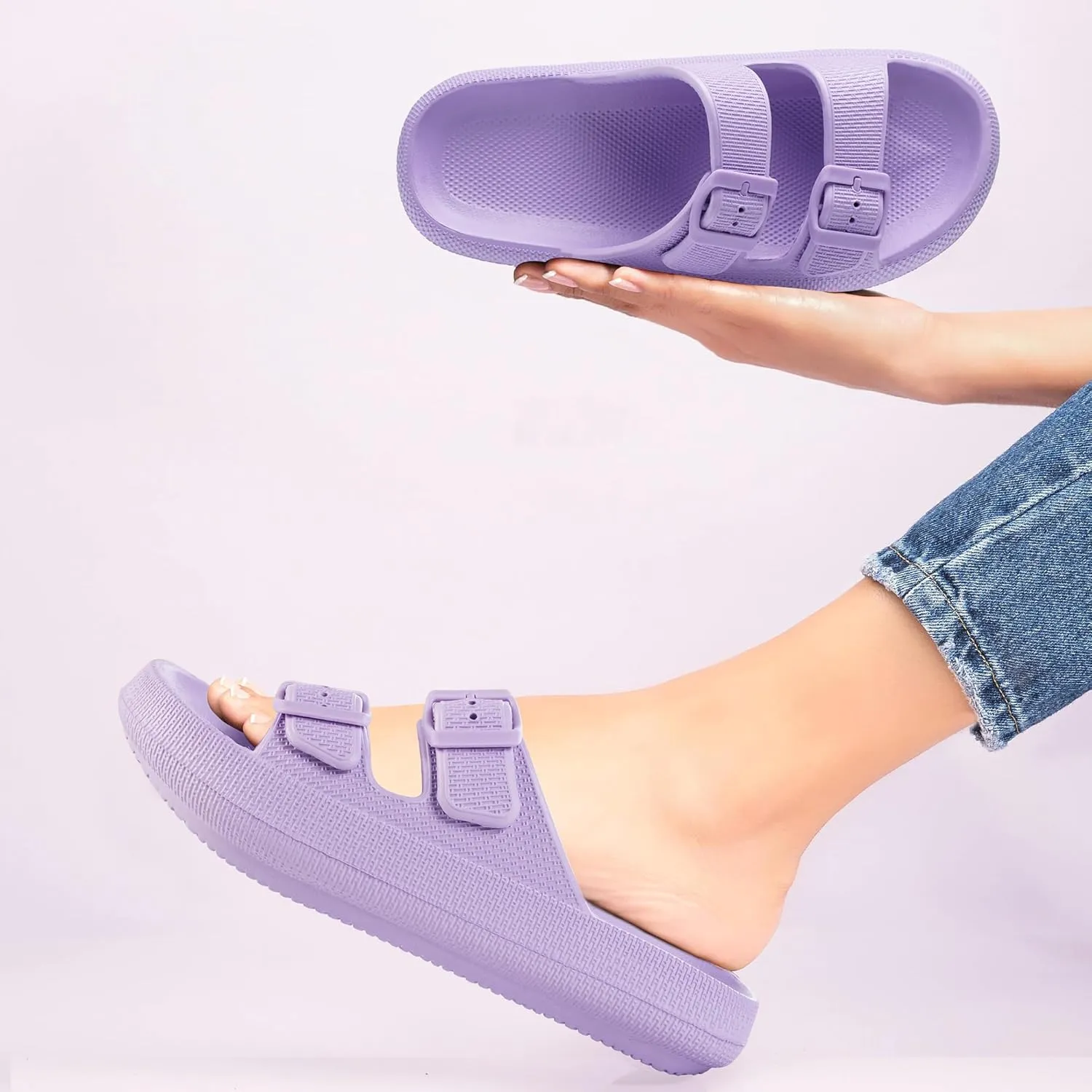Dodow Womens Slide Sandals Adjustable Soft Cloud Comfort Slip On Flat Sandals