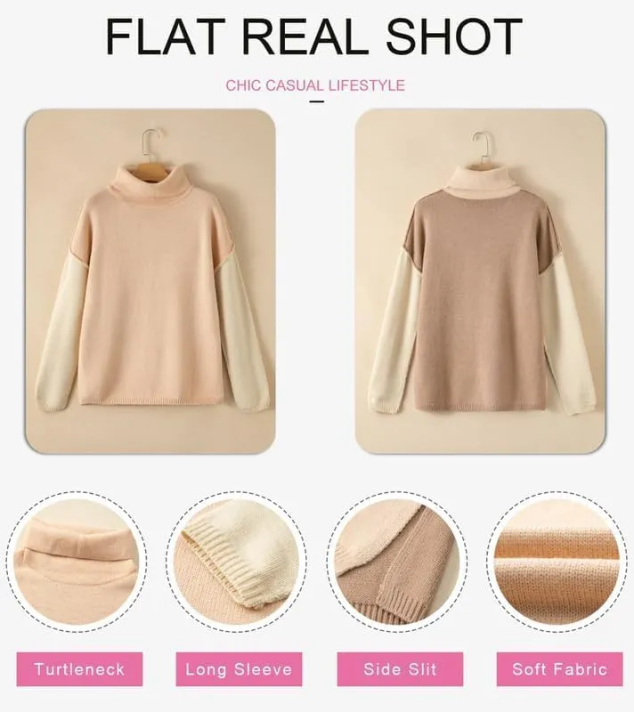 Dokotoo Womens Turtleneck Sweaters Casual Long Sleeve Color Block Side Slit Pullover Knit Jumper Tops