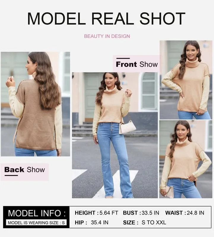 Dokotoo Womens Turtleneck Sweaters Casual Long Sleeve Color Block Side Slit Pullover Knit Jumper Tops