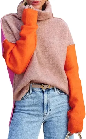 Dokotoo Womens Turtleneck Sweaters Casual Long Sleeve Color Block Side Slit Pullover Knit Jumper Tops