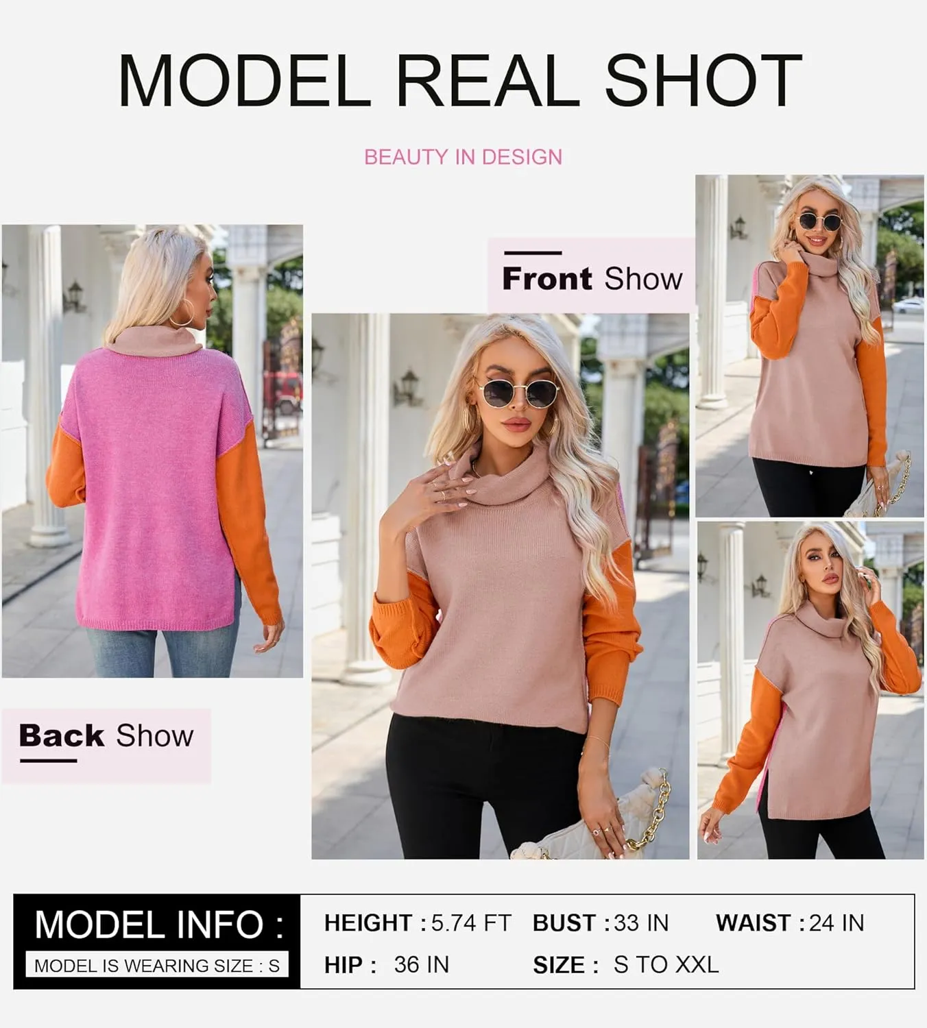 Dokotoo Womens Turtleneck Sweaters Casual Long Sleeve Color Block Side Slit Pullover Knit Jumper Tops