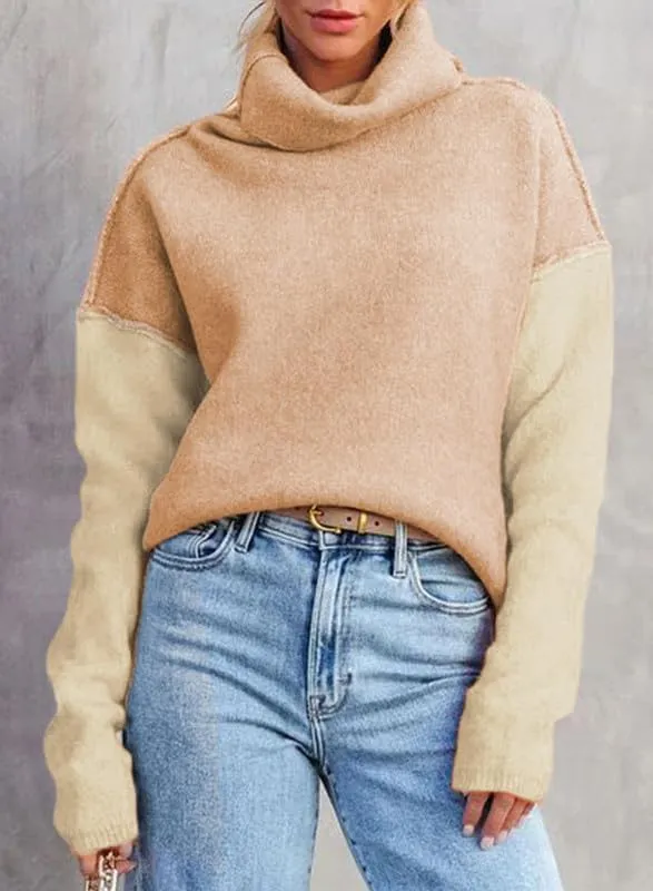 Dokotoo Womens Turtleneck Sweaters Casual Long Sleeve Color Block Side Slit Pullover Knit Jumper Tops