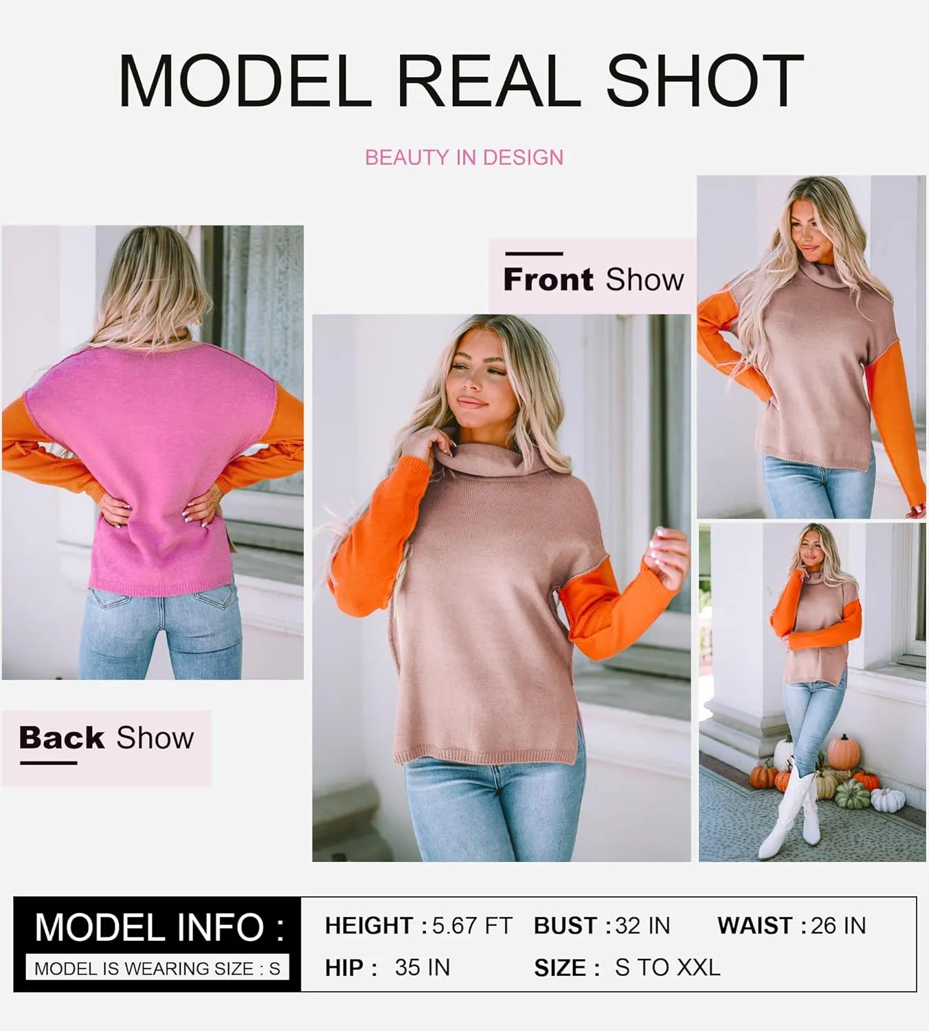 Dokotoo Womens Turtleneck Sweaters Casual Long Sleeve Color Block Side Slit Pullover Knit Jumper Tops