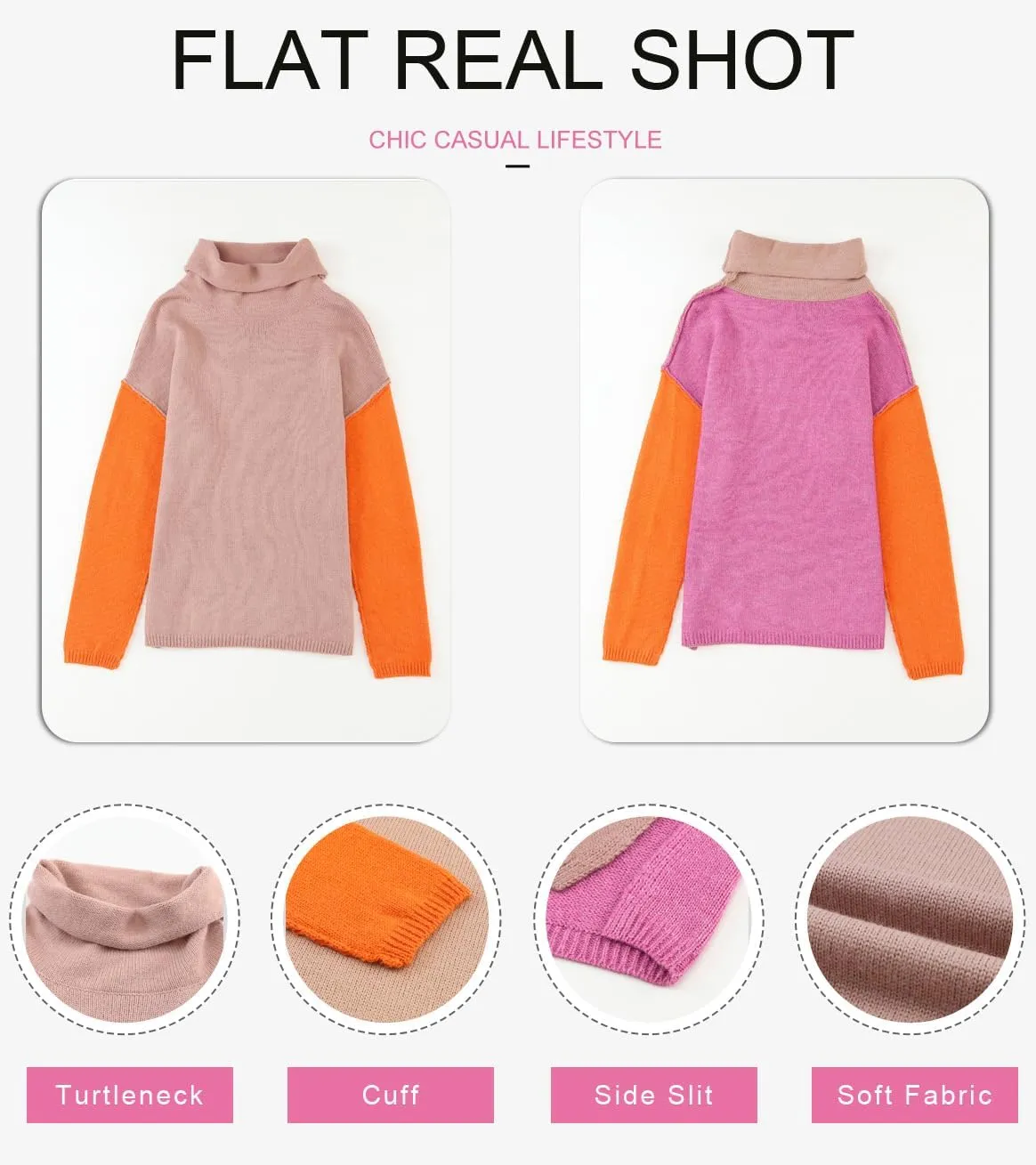 Dokotoo Womens Turtleneck Sweaters Casual Long Sleeve Color Block Side Slit Pullover Knit Jumper Tops