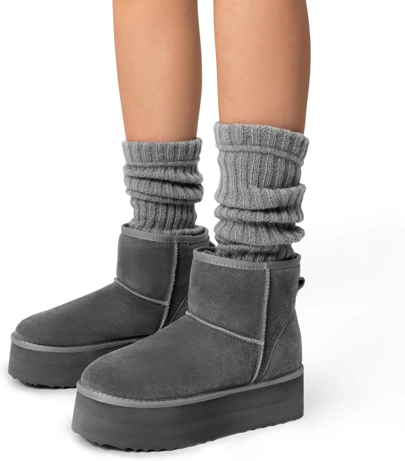 DREAM PAIRS Genuine Suede Classic Platform Boots for Women Water Resistant FuzzyClassic Ankle Winter Snow Low Boots with DIY Bows Faux Fur Lining Memory Foam Anti-Slip