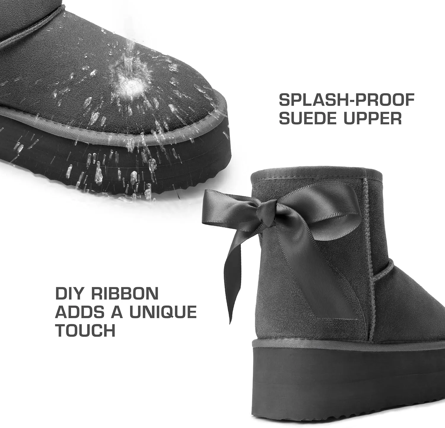 DREAM PAIRS Genuine Suede Classic Platform Boots for Women Water Resistant FuzzyClassic Ankle Winter Snow Low Boots with DIY Bows Faux Fur Lining Memory Foam Anti-Slip