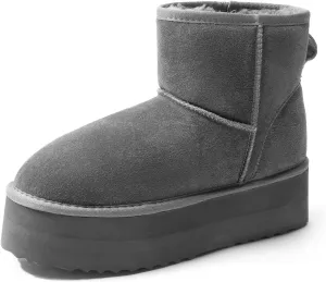 DREAM PAIRS Genuine Suede Classic Platform Boots for Women Water Resistant FuzzyClassic Ankle Winter Snow Low Boots with DIY Bows Faux Fur Lining Memory Foam Anti-Slip