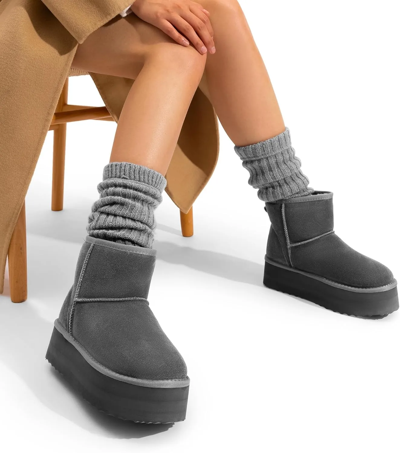 DREAM PAIRS Genuine Suede Classic Platform Boots for Women Water Resistant FuzzyClassic Ankle Winter Snow Low Boots with DIY Bows Faux Fur Lining Memory Foam Anti-Slip