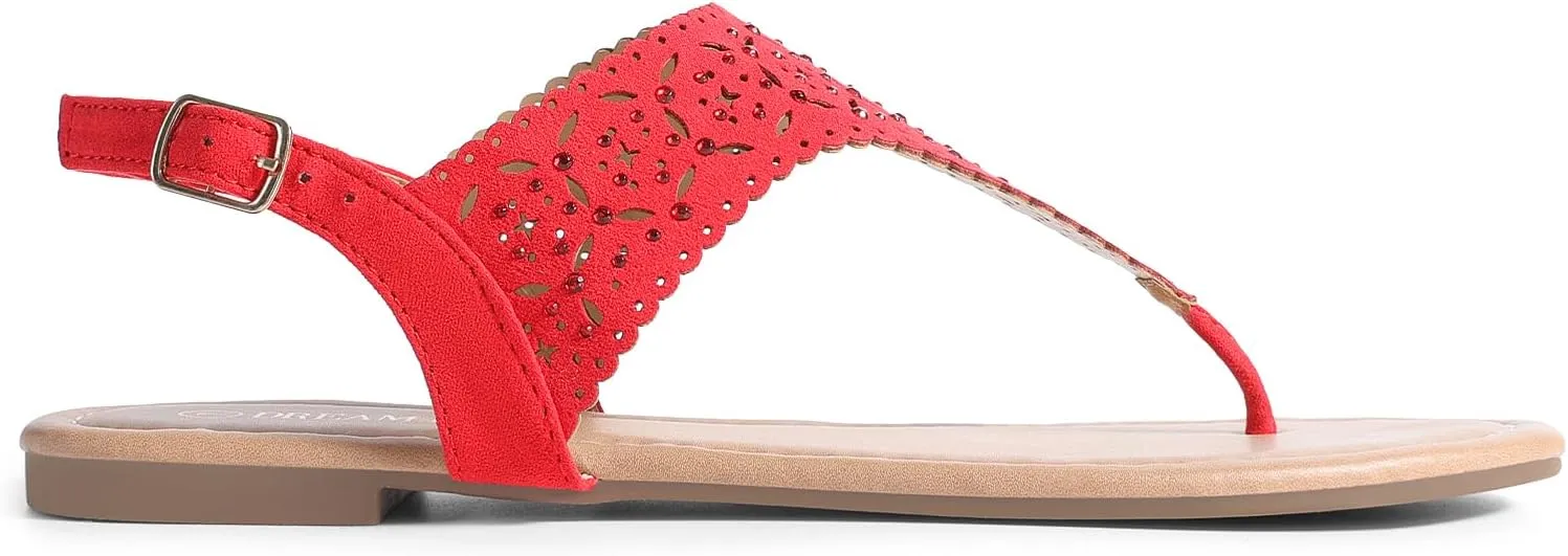 DREAM PAIRS Women's Rhinestone Casual Wear Cute Gladiator Flat Sandals Beach Dressy T-Strap Thong Sandals