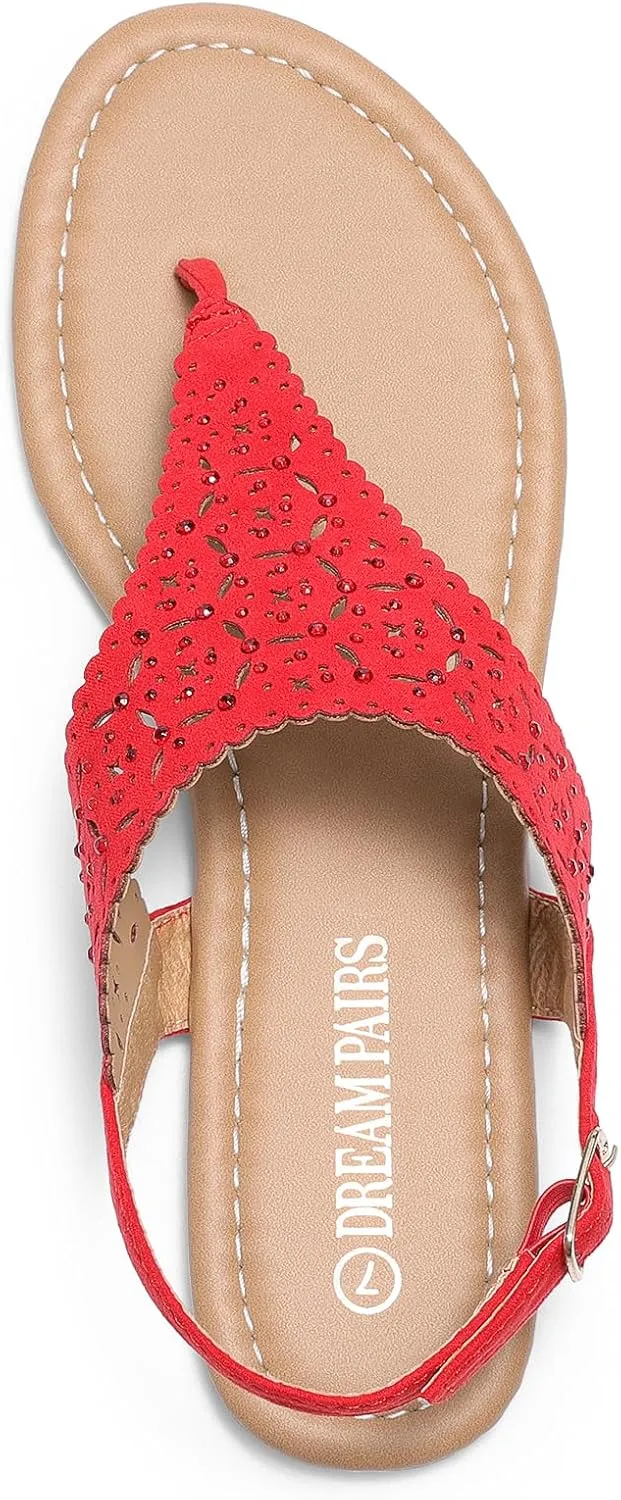 DREAM PAIRS Women's Rhinestone Casual Wear Cute Gladiator Flat Sandals Beach Dressy T-Strap Thong Sandals