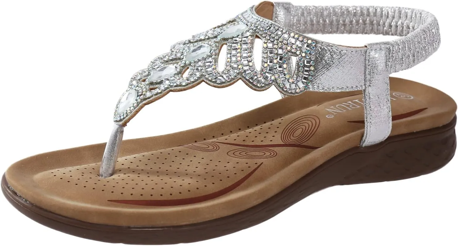 Dress Sandals for Women Beaded Rhinestones Sandals T-Strap Bohemian Sandals Breathable Dressy Summer Shoes Outdoor