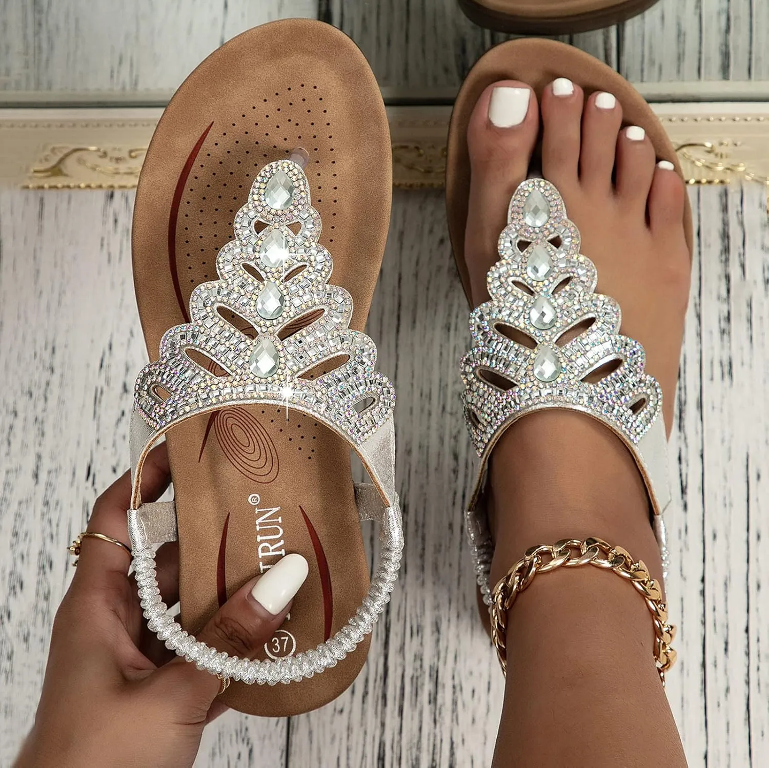 Dress Sandals for Women Beaded Rhinestones Sandals T-Strap Bohemian Sandals Breathable Dressy Summer Shoes Outdoor