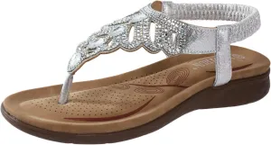 Dress Sandals for Women Beaded Rhinestones Sandals T-Strap Bohemian Sandals Breathable Dressy Summer Shoes Outdoor