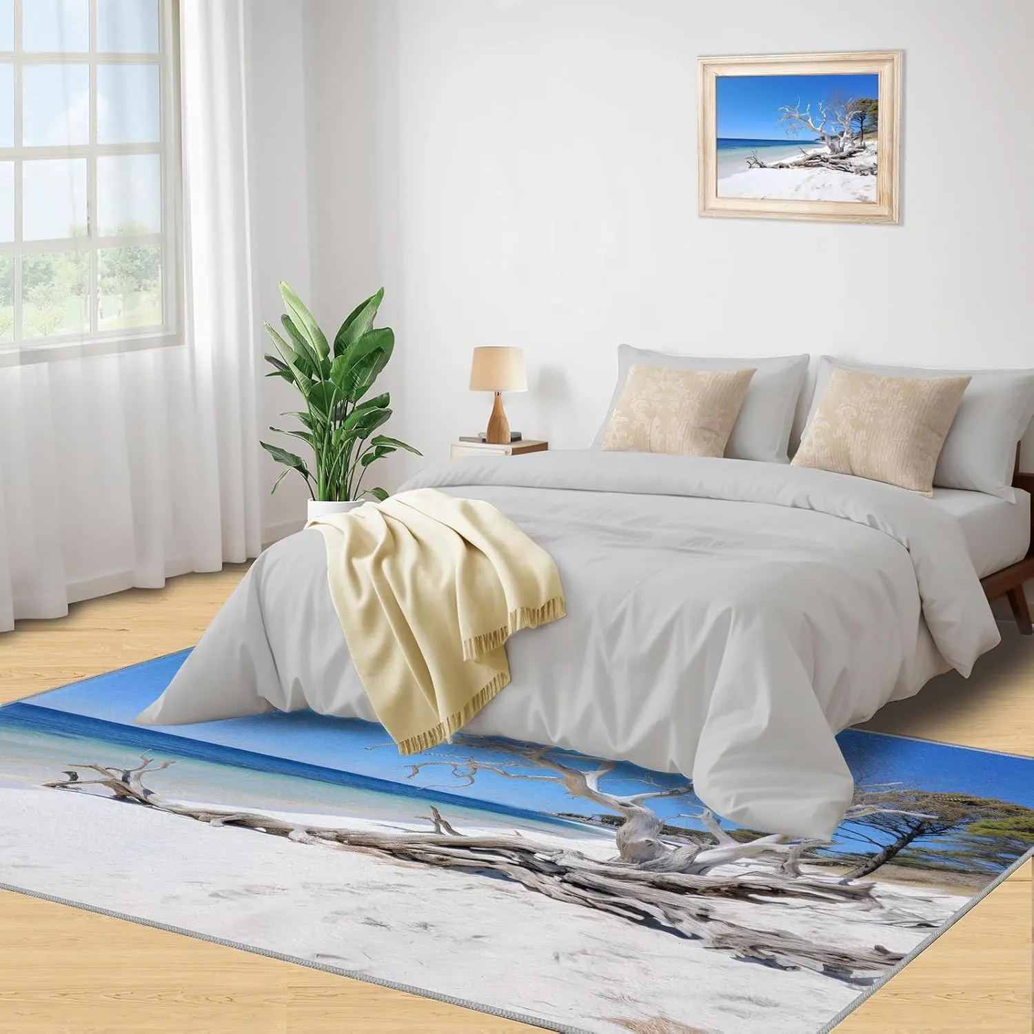 Driftwood Area Rug with Sandy Beach Design - 3x6 Washable & Non Slip Coastal Runner Rugs for Bedroom, Soft Blue Indoor Carpet for Girls, Resistant Floor Decor