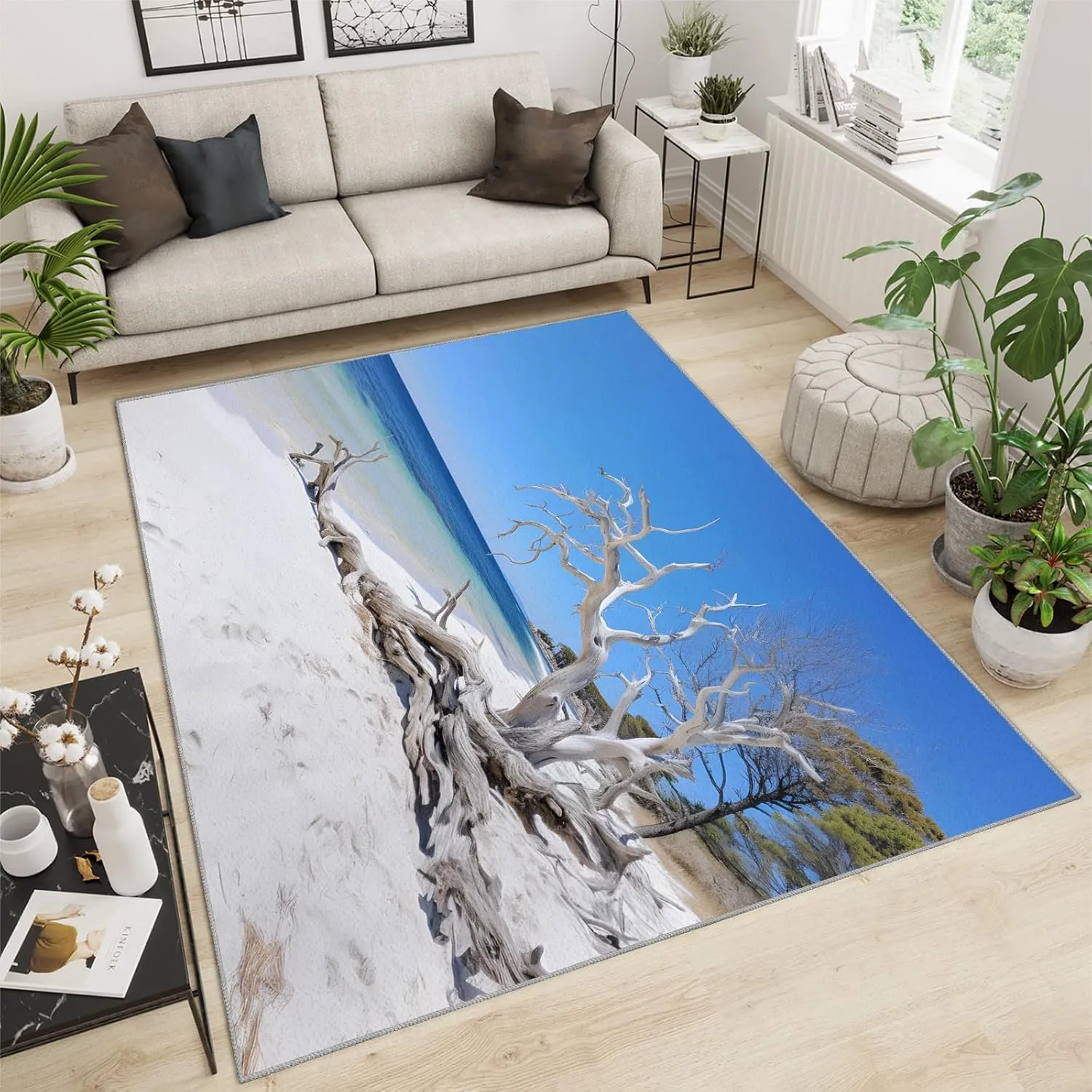 Driftwood Area Rug with Sandy Beach Design - 3x6 Washable & Non Slip Coastal Runner Rugs for Bedroom, Soft Blue Indoor Carpet for Girls, Resistant Floor Decor