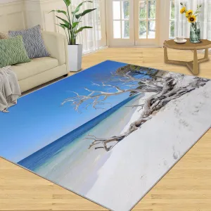 Driftwood Area Rug with Sandy Beach Design - 3x6 Washable & Non Slip Coastal Runner Rugs for Bedroom, Soft Blue Indoor Carpet for Girls, Resistant Floor Decor