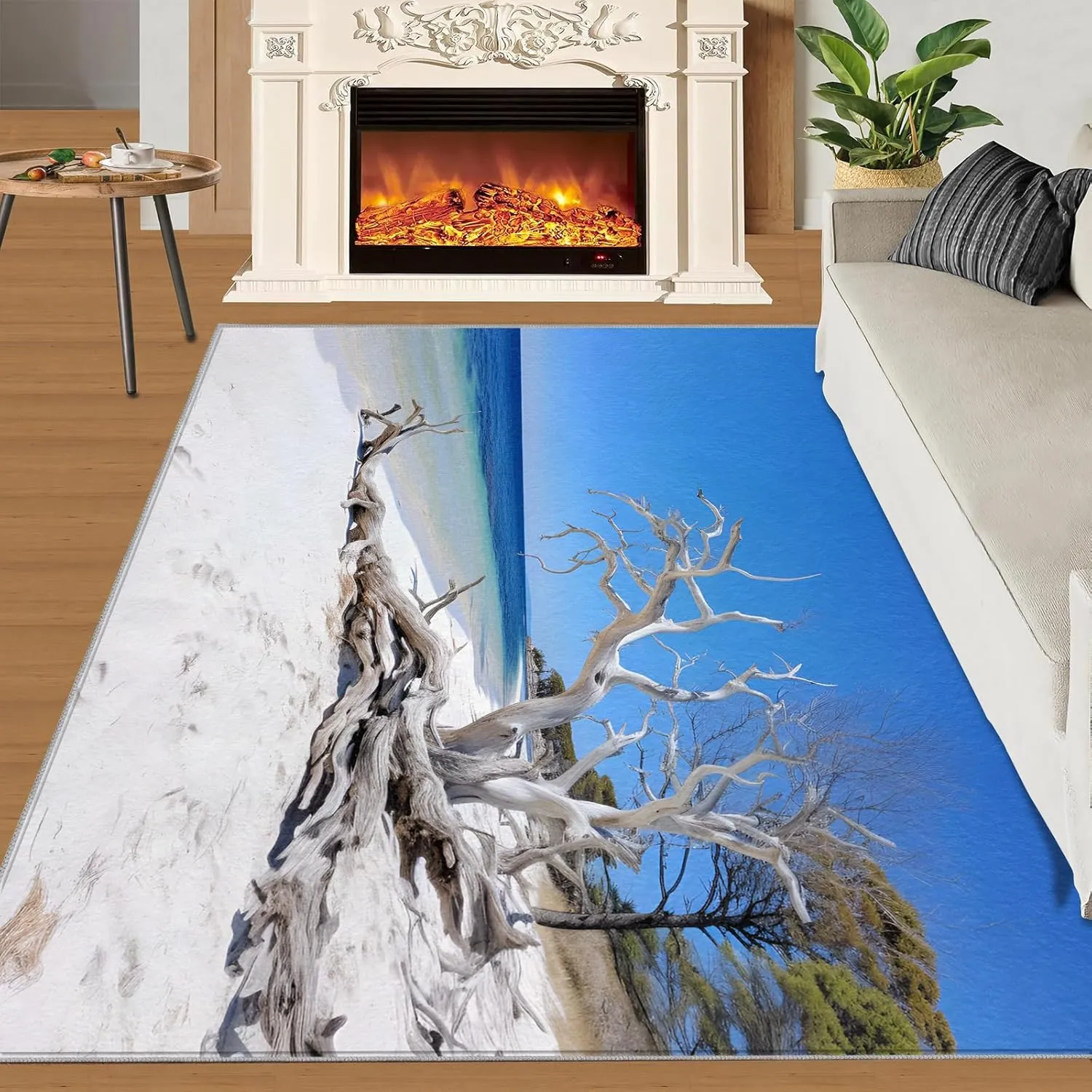 Driftwood Area Rug with Sandy Beach Design - 3x6 Washable & Non Slip Coastal Runner Rugs for Bedroom, Soft Blue Indoor Carpet for Girls, Resistant Floor Decor