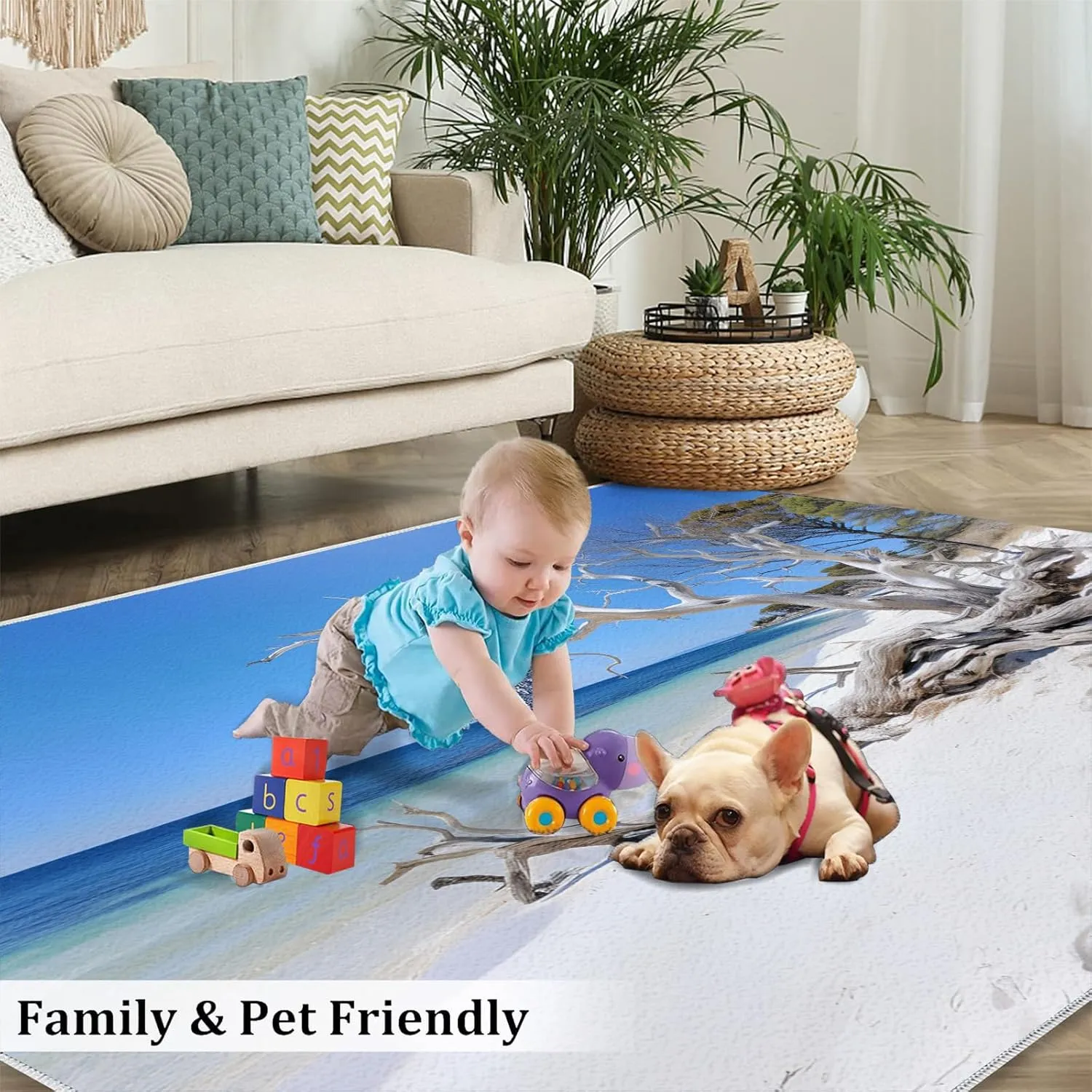 Driftwood Area Rug with Sandy Beach Design - 3x6 Washable & Non Slip Coastal Runner Rugs for Bedroom, Soft Blue Indoor Carpet for Girls, Resistant Floor Decor