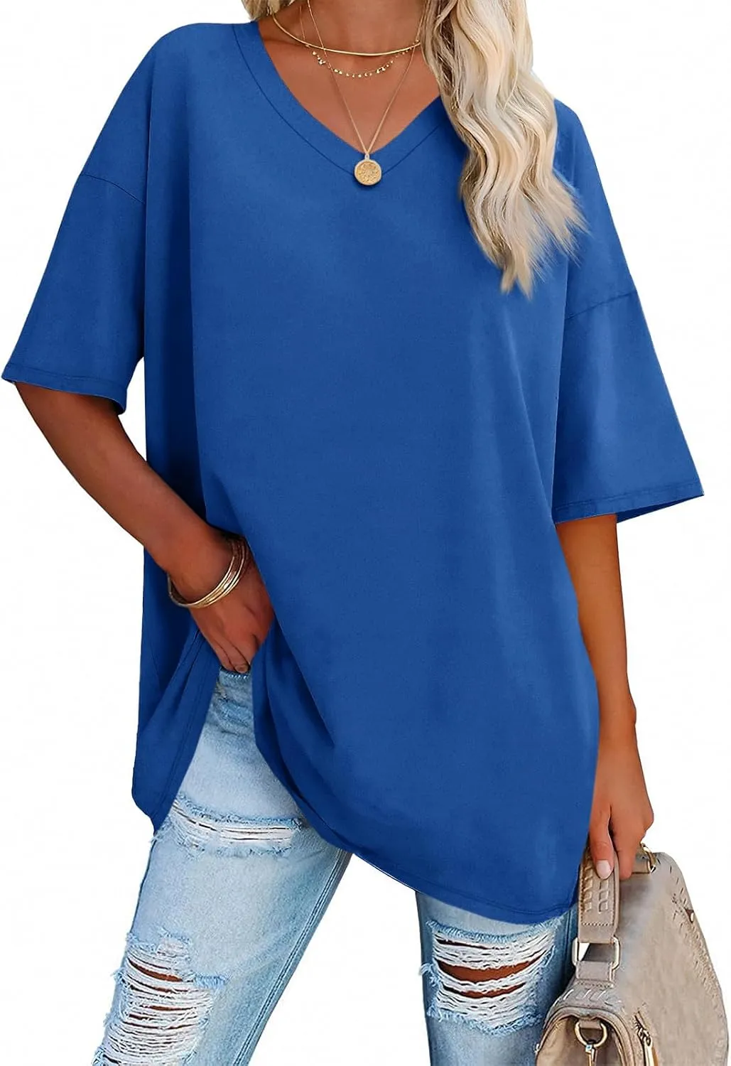 Ebifin Womens Oversized Tshirts V Neck Tee Shirts Half Sleeve Loose Fit T Shirt Cotton Tunic Tops 2024