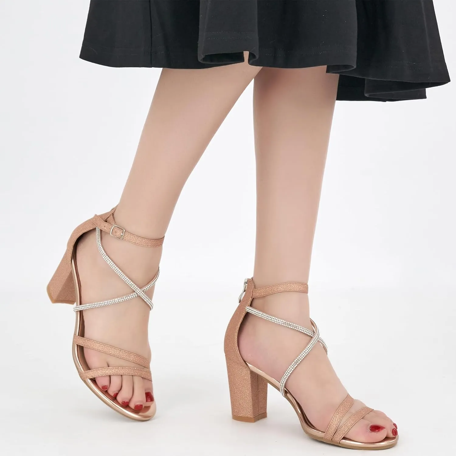 Ecetana Heels for Women Open Toe Ankle Strap Buckle Rhinestone Sandals Block Chunky Sexy Shoes for Party Wedding
