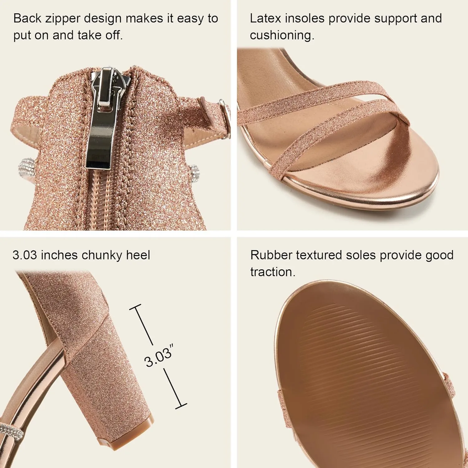 Ecetana Heels for Women Open Toe Ankle Strap Buckle Rhinestone Sandals Block Chunky Sexy Shoes for Party Wedding