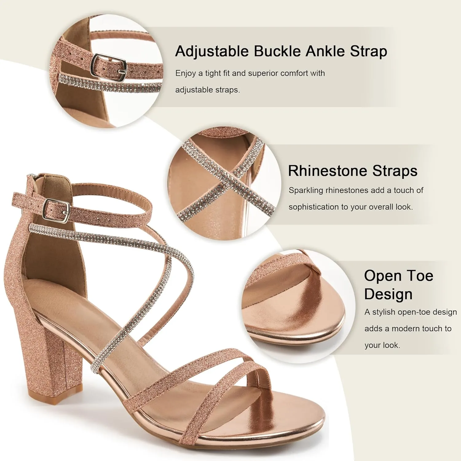 Ecetana Heels for Women Open Toe Ankle Strap Buckle Rhinestone Sandals Block Chunky Sexy Shoes for Party Wedding