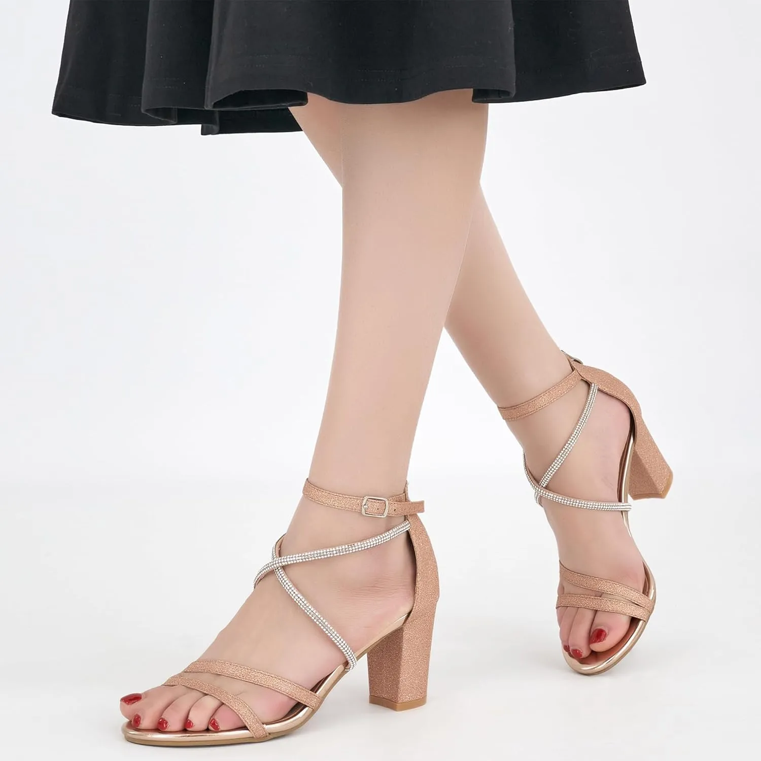 Ecetana Heels for Women Open Toe Ankle Strap Buckle Rhinestone Sandals Block Chunky Sexy Shoes for Party Wedding