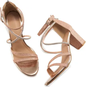 Ecetana Heels for Women Open Toe Ankle Strap Buckle Rhinestone Sandals Block Chunky Sexy Shoes for Party Wedding