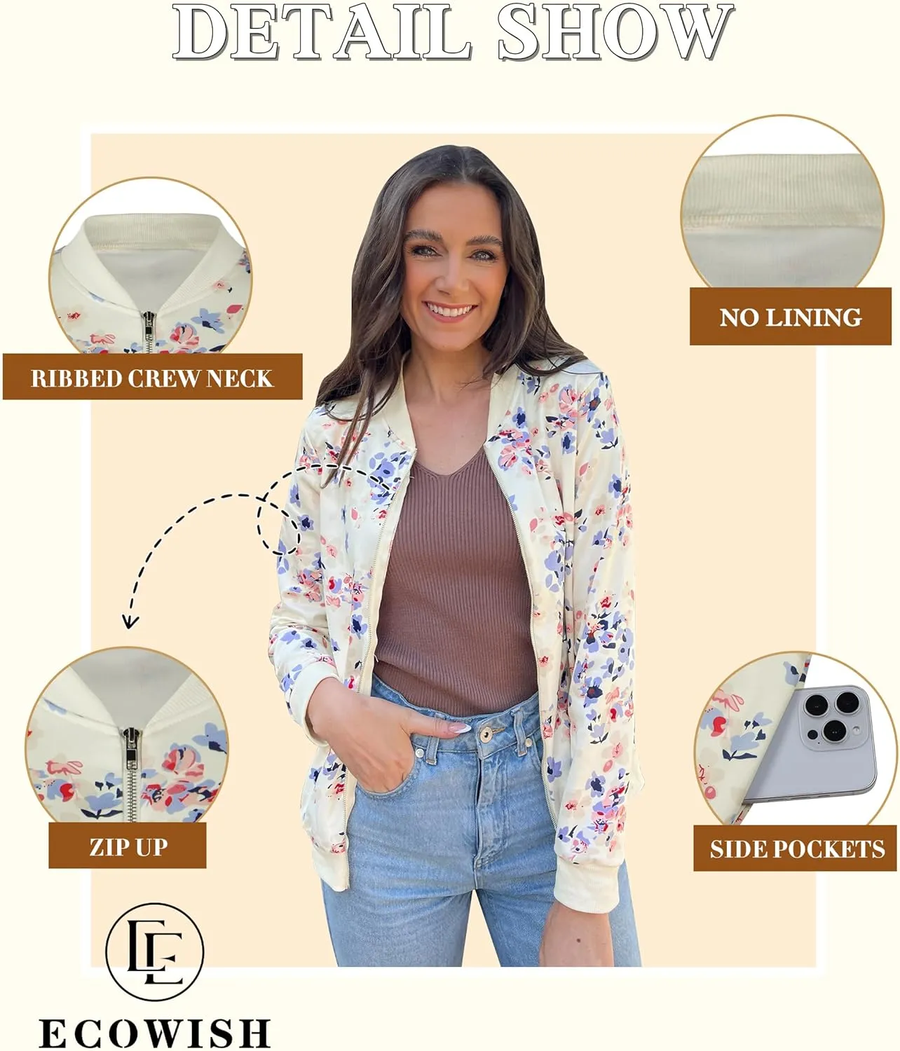 ECOWISH Women's Casual Floral Zip Up Bomber Jacket Coat Lightweight Short Camo No Lining Outwear Tops Windbreaker with Pocket