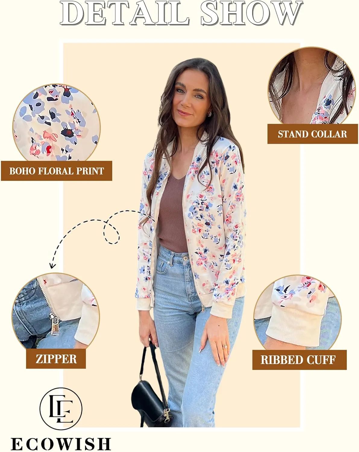 ECOWISH Women's Casual Floral Zip Up Bomber Jacket Coat Lightweight Short Camo No Lining Outwear Tops Windbreaker with Pocket
