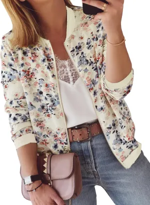 ECOWISH Women's Casual Floral Zip Up Bomber Jacket Coat Lightweight Short Camo No Lining Outwear Tops Windbreaker with Pocket