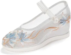 Elegant Women's Embroidery Ankle Strap Hidden Wedge Shoes Summer Breathable Mesh Sandals Chinese Style Casual Lightweight